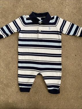 Ralph Lauren Navy, Light Blue & White Striped Polo One-Piece